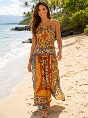 London Times Women’s Size 10 Sleeveless Boho Scarf Print Midi Dress Orange Blue